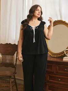Côtesoire Plus Size Women's Black Notched Collar Contrast Polka Dot Print Decor Front Tie Faux Drawstring Design Soft Comfortable Milk Silk Fabric Hooded Long Pants, Cute Casual Loungewear Set Suitable For Everyday Wear - Black - View 5