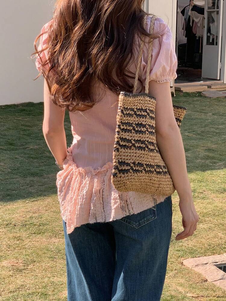 Women's Summer Casual Contrast Lace Ruffle Hem Blouse Babydoll Top