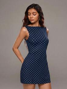 TRNVIE Đầm mini dáng chữ A màu hồng chấm bi, hở lưng, buộc dây, eo chun, chất liệu dệt kim, thích hợp cho nữ đi làm mùa hè. - Màu xanh hải quân - Xem 5