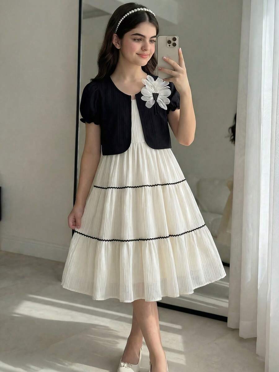 Bộ 2 món đồ thanh lịch kiểu dáng nghỉ mát cho bé gái, áo tay phồng và váy hai dây màu trơn có họa tiết, thiết kế viền hoa tương phản, thích hợp cho du lịch và đi biển mùa xuân/hè. - Nhiều màu - Xem 1