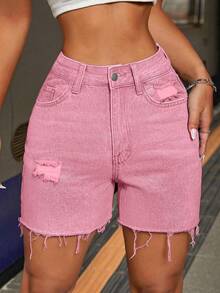 SHEIN PETITE Women's Casual Washed Distressed Denim Shorts, Summer - Pink - View 4