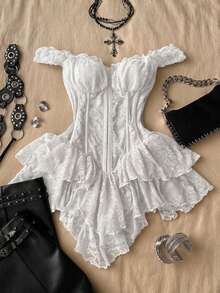 Attitoon Vestido mini asimétrico de mujer con corsé de encaje y estilo retro casual, adecuado para Y2K - Blanco - Ver 1