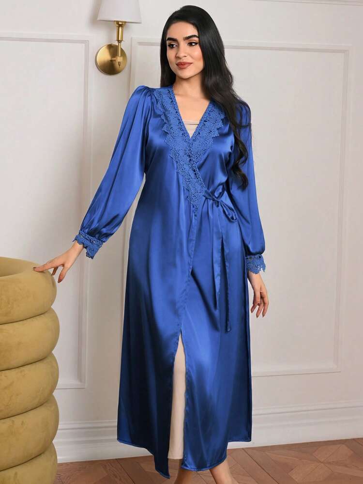Women's Satin Floral Lace Patchwork Lapel Puff Sleeve Robe