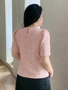 Dazy Plus Floral Print Puff Sleeve Short Sleeve Pullover Elegant Spring/Autumn T-Shirt, Party Wear For Plus Size Women - Baby Pink - View 3