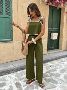 Serisse Bộ 2 món áo và quần nữ kiểu dáng thường ngày thắt nút vai - xanh quân đội - Xem 6