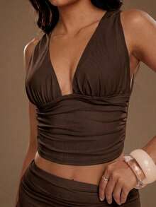 SHEIN TRNDY 女士优雅V领吊带背心和高腰网纱裙两件套，春夏女士夏季两件套度假套装 - 咖啡棕 - 查看 6