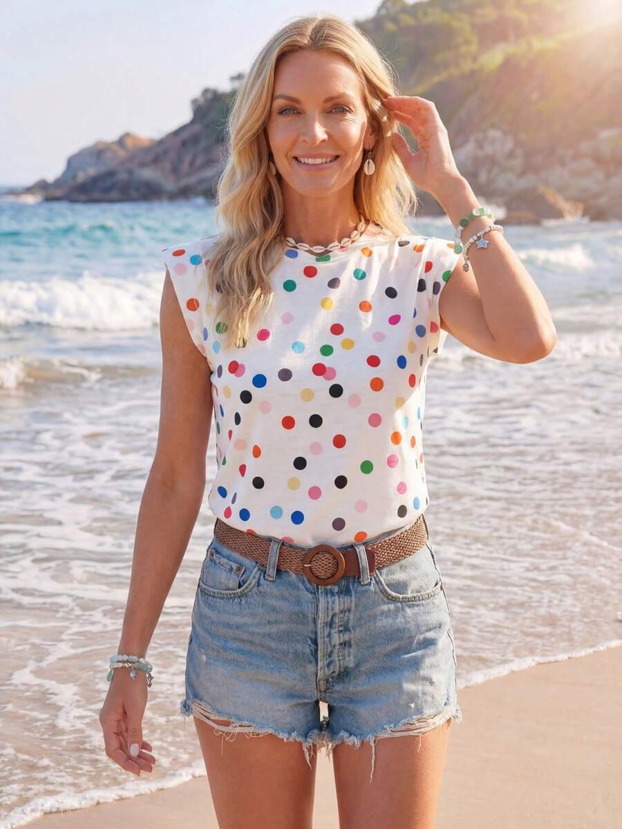 Sylviya Polka Dot Printed Loose Casual T-Shirt,Casual - White - View 1