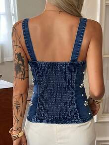 Strévra Áo hai dây ôm sát người màu xanh nhạt cổ điển, đính ngọc trai và đá pha lê, kiểu dáng patchwork, thanh lịch, thích hợp cho lễ hội âm nhạc, ngày Valentine, đám cưới, mặc thường ngày hoặc đi làm vào mùa hè. - Rửa trung bình - Xem 6