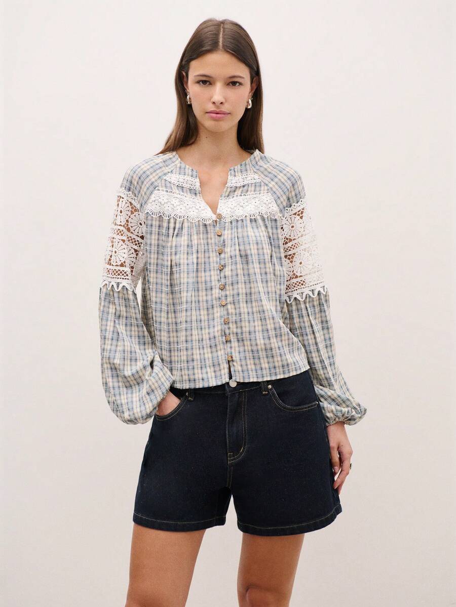 Nöista Lantern-Sleeved Top, Combining Lace And Plaid Fabric, Features Delicate Lace, A Slightly V-Neck, And Vintage Wooden Buttons, Making It A Perfect Choice For Spring/Summer Vacation Wear And Showcasing Feminine Elegance. - Blue - View 1