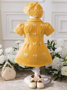 Souflis Souflis Baby Girls' Dreamy Yellow Bow Textured Elegant Classic Dress With Beret Hat - Yellow - View 2