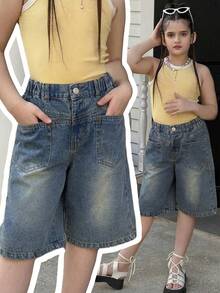 Quần short lửng denim dáng suông thoải mái, đa năng, dành cho bé gái, chất liệu mềm mại và thoáng khí, thích hợp cho các hoạt động mùa hè, đi học và mặc hàng ngày. - Rửa tối - Xem 3