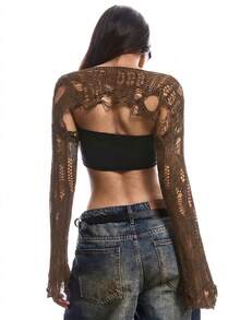 SHEIN EZwear 女式棕色做旧船领性感长袖套头毛衣 - 棕色 - 查看 2