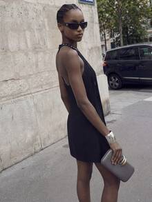 Maija Women's Tassel Neck Tie Fashionable Date Party Mini Dress - Black - View 2