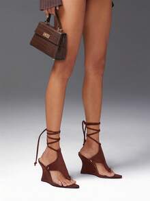 SHUZIA Ladies Thong Style Tie-Up Strap Wedge Sandals - Chocolate Brown - View 2