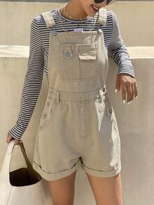 DAZY Women's Casual Loose Cotton Solid Color Denim Bib Pants, Suitable For Summer Beach Holiday - Khaki - View 6