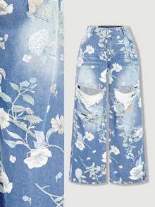 SHEIN MOD Plus Size Women Floral Print Distressed Pocket Button Decor Casual Wide Leg Jeans - Light Wash - View 1