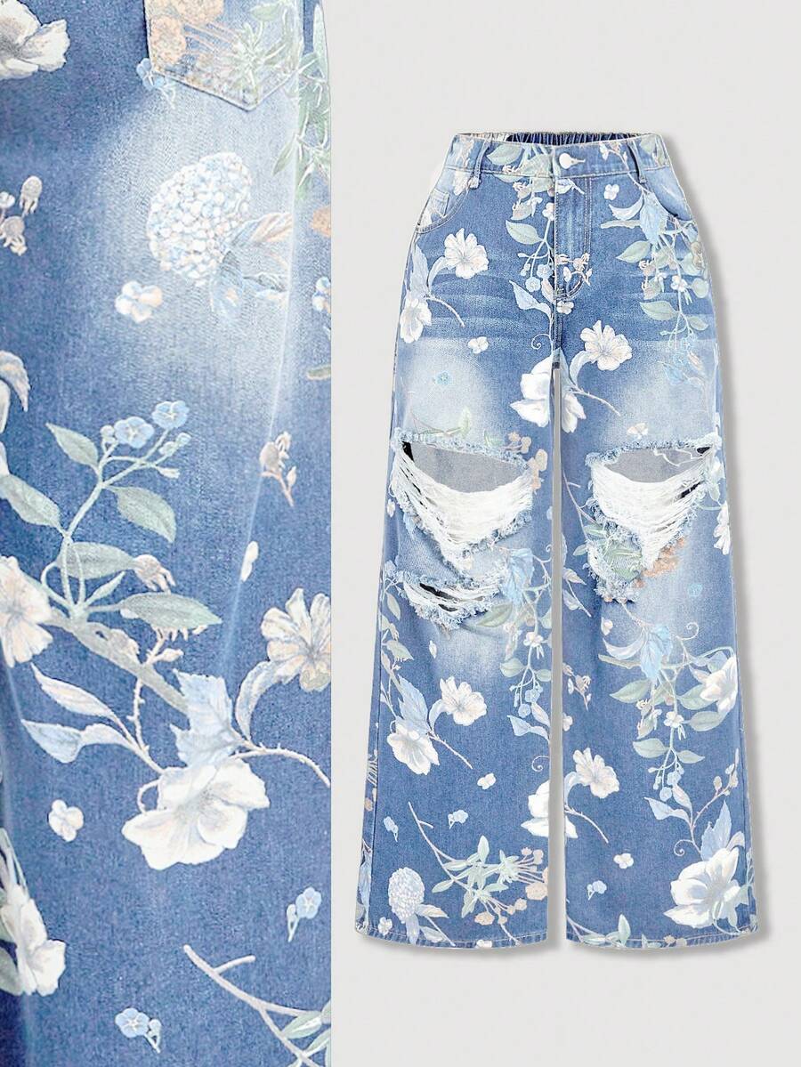 SHEIN MOD Plus Size Women Floral Print Distressed Pocket Button Decor Casual Wide Leg Jeans - Light Wash - View 1