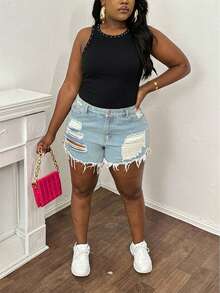 Slaydiva Top ajustado de cuello redondo con diseño de tachuelas para mujer de talla grande, adecuado para el verano - Multicolor - Ver 5