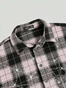 NEON BLANC Men's Street Fashion Woven Rhinestone Spider Web Plaid Short Sleeve Shirt - Baby Pink - View 4