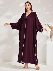 Al Najma Elegant Contrast Trim Turkish Maxi Dress - Purple - View 8