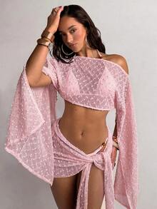 Aloruh 女士春夏新款两件套，提花纹理面料披肩上衣搭配裹身式迷你裙，沙滩/度假装 - 淺粉色 - 查看 3