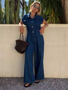 DAZY 女士牛仔背带裤连体裤，翻领 Polo 衫，短袖长裤 - 藍色 - 查看 6