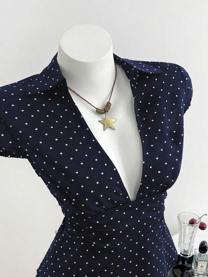 Elamini Women's Black Polka Dot V-Neck Puff Sleeve Blouse, Versatile For Commuting And Daily Wear