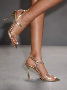 CUCCOO SZL Women Shoes Spring/Summer Pointed Stiletto Gold Transparent Rhinestone Sexy Fashion Gorgeous Back Ankle Strap With Skirt Banquet Party Nightclub Ladies High Heel Sandals Open-Toed Sandals Spring Shoes - Gold - View 5
