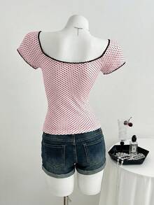 Elamini 女士休闲通勤T恤，波点拼接撞色蕾丝 - 粉色 - 查看 2