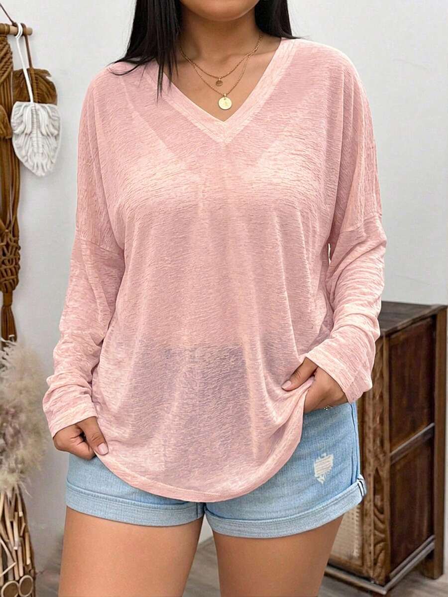 Breezaya 大码女式休闲薄纱长袖衬衫 - 粉色 - 查看 1