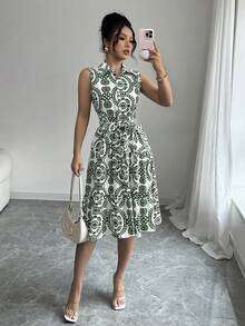 Elenzga 女士碎花荷叶边无袖衬衫裙 - 綠色 - 查看 3