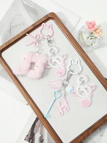 ROMWE Kawaii 1個韓系時尚簡約藍粉色音符蝴蝶結貓爪閃亮翅膀壓克力圓珠DIY鑰匙圈包包吊飾，適合女生配戴 - 粉色 - 查看 4