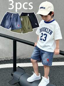 SHEIN Streecool Kids 男童三件套，买一送二：牛仔短裤+休闲梭织短裤，刺绣点缀，适合日常、上学、户外活动、春夏穿着。 - 彩色 - 查看 7