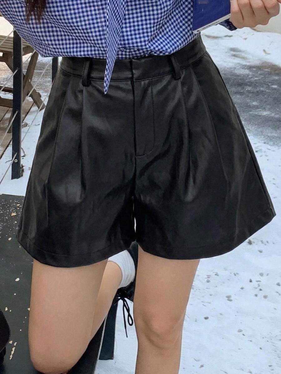 DAZY Women's Casual Solid Color Pleated PU Shorts Summer - Black - View 1
