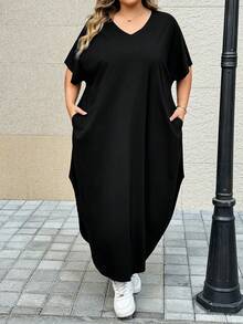 SHEIN CURVE+ Plus Size Women's Spring/Summer New Fashion Commuter Casual Pocket Design Split Robe - Black - View 8