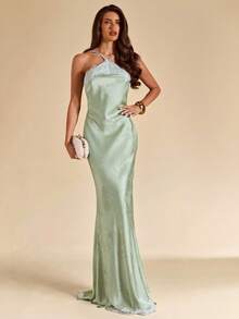 SHEIN BAE 春夏性感简约开心果绿，鼠尾草色纹理蕾丝拼接露背吊带修身长裙，饰有3D立体花卉，适合派对、鸡尾酒会、正式场合、伴娘、生日等场合，绿色缎面长裙，商务休闲风 - 綠色 - 查看 8