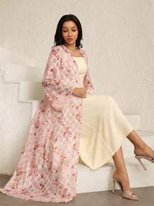 Modelyn Bộ đồ 2 món dành cho nữ: Áo khoác dài tay in họa tiết jacquard màu vàng thanh lịch, lãng mạn và váy chữ A màu mơ dệt kim, thắt eo, thích hợp cho mùa xuân/hè. - Hồng - Xem 7