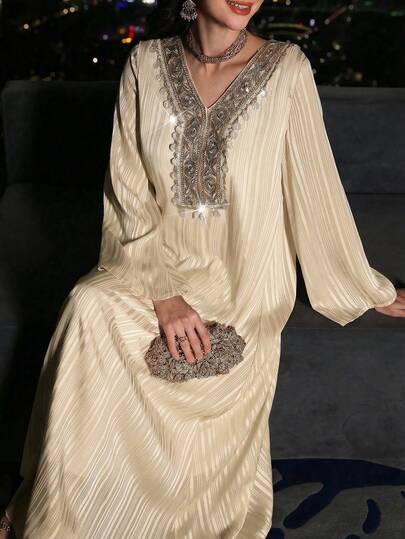 Layrah Áo Abaya Thổ Nhĩ Kỳ và váy maxi truyền thống Ả Rập màu hồng dệt jacquard tay dài thêu sequin cổ hoa viền vỏ sò thanh lịch lãng mạn dành cho nữ mùa xuân/hè.