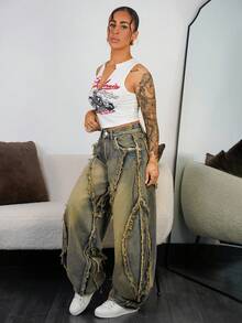 SAYEHFBABY 女士宽松版型口袋毛边阔腿休闲牛仔裤 - 彩色 - 查看 4