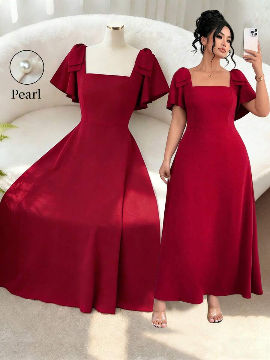 Elenzga Plus Size Women's Summer Elegant Commuter Wine Red Square Neck Bowknot Design Fitted Cinched Waist Long Dress - Burgundy - View 1
