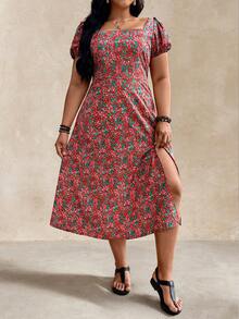 EMERY ROSE Đầm cỡ lớn dáng chữ A đơn giản, xẻ tà bên hông, cổ tròn, trang trí cúc, kiểu dáng thường ngày, thích hợp cho mùa xuân/hè. - Màu be - Xem 3