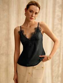 MOTF PREMIUM Top DE TIRANTES DE MUJER PRIMAVERA/VERANO CON BORDADO DE ENCAJE HIDROSOLUBLE - Negro - Ver 5