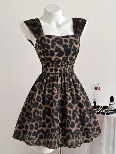 Girlism Teen Girls' Leopard Print Camisole Waist Cinched A-Line Mini Dress, Spring/Summer