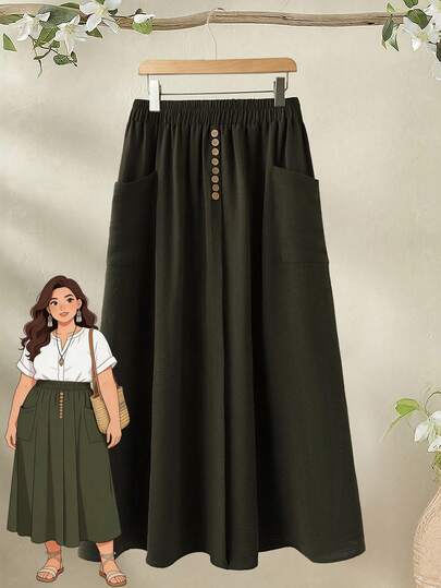 EMERY ROSE Plus Size Women Elastic Waist Button Design Casual Skirt Summer Outfits Summer Clothes  Spring  Spring Outfit Women Spring Clothes Country Style For Women Vacation Outfits Women Green Skirt