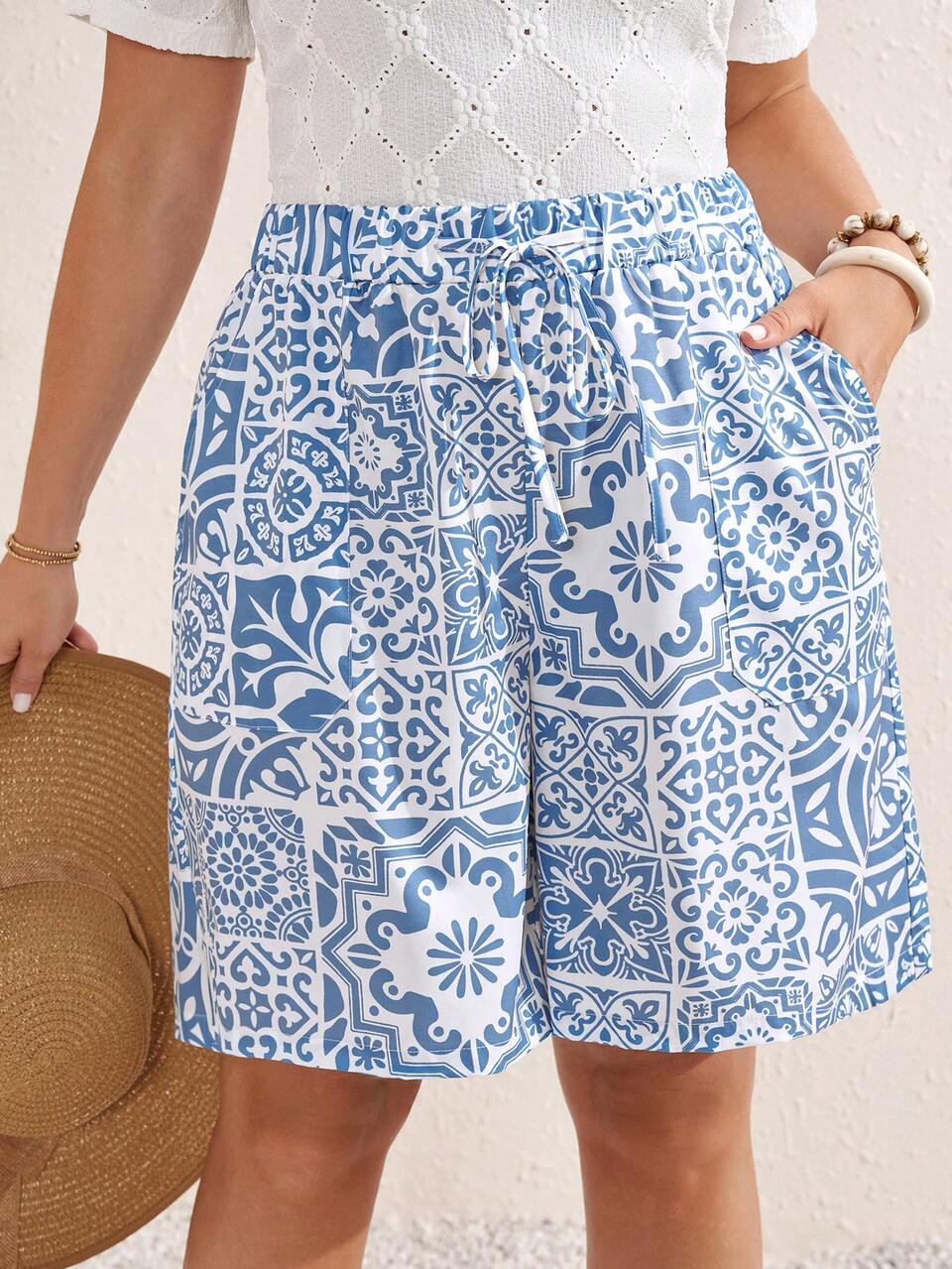 Plus Size Women Casual Allover Print Shorts,Blue And White Summer Boho Beach Holiday Resort Wear,Vacation,Spring