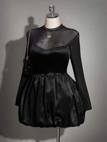 SHEIN ICON Falda de burbuja con parches de malla de talla grande - Negro - Ver 4