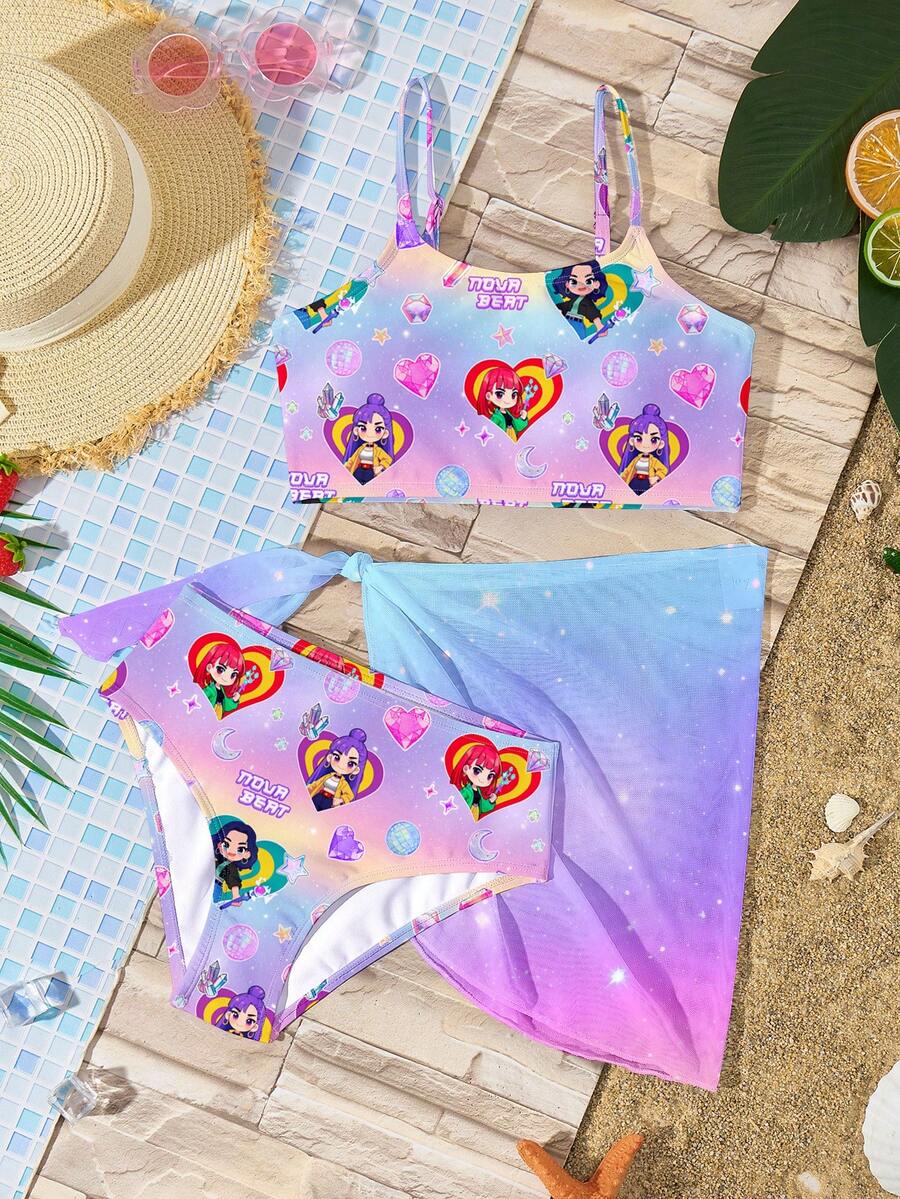 Tween Girl Cartoon Character, Vibrant Purple, K-Pop Superstars, Cartoon Girl Group Camisole Top And Briefs Bikini Set With Mini Skirt Swimwear 3 Pieces Set, Suitable For Summer Teen Girl Two Piece Sets Bikini Sets For Tweens Tween Girls Two Piece Swim Wear For Girls Bikini Sets For Kids - Multicolor - View 1