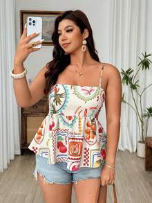 SHEIN LUNE Plus Size Women All-Over Print Pleated Casual Versatile Daily Wear Camisole Shirt Gym Brown Summer - Multicolor - View 5