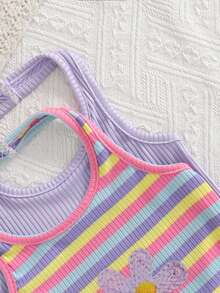 SHEIN Playful Pals 2件套女婴休闲运动街头时尚彩色条纹3D印花无袖连衣裙，适合春夏外出穿着 - 彩色 - 查看 5
