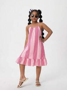 SHEIN Đầm dự tiệc dáng rộng, họa tiết sọc cầu vồng, dây mảnh, viền bèo nhún, thích hợp cho bé gái tuổi teen. - Hồng - Xem 5